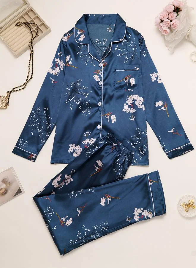 تايك تو طقم بلوزة بأكمام طويلة وبنطال بيجاما بطبعة جرافيك للنساء